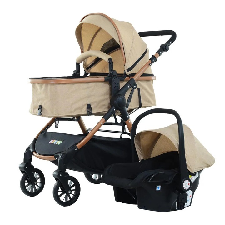 Количка 3 в 1 KIDOO – i-Size столче за кола, кош за новородено, лятна седалка и столче за кола. Амортисьори, бързо сгъване, удължаващ се сенник, 5-точков колан. Идеална за 0–36 месеца. Цялостна система за родители. - Бежов