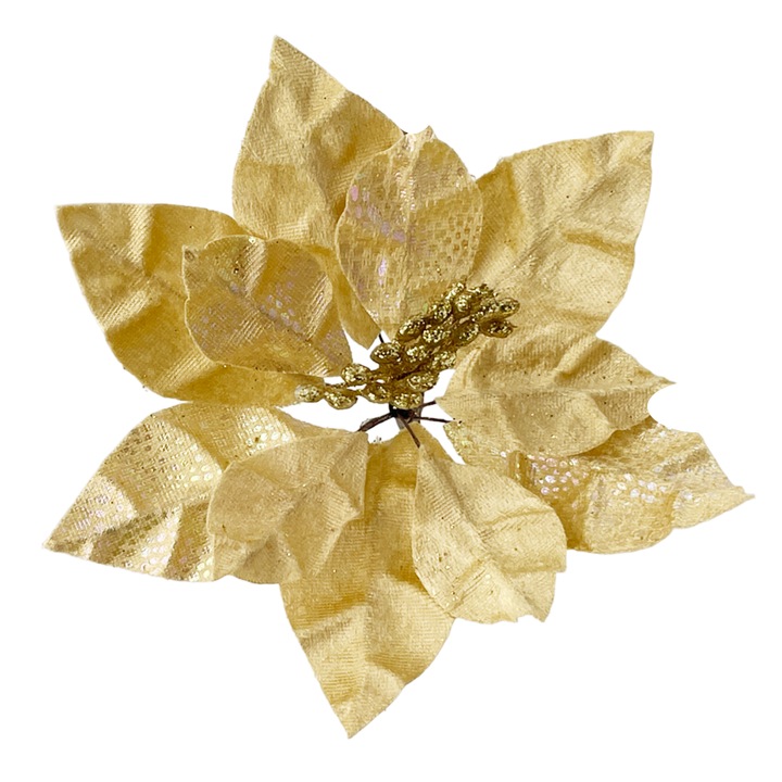 Floare decorativa, PRAVALIA CU SURPRIZE, Craciunita HOPE, Auriu, 18 cm