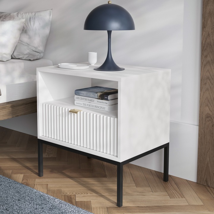 Noptiera NANAIMO, 1 sertar, Komodee, PAL laminat, 56 x 54 x 39 cm, Alb