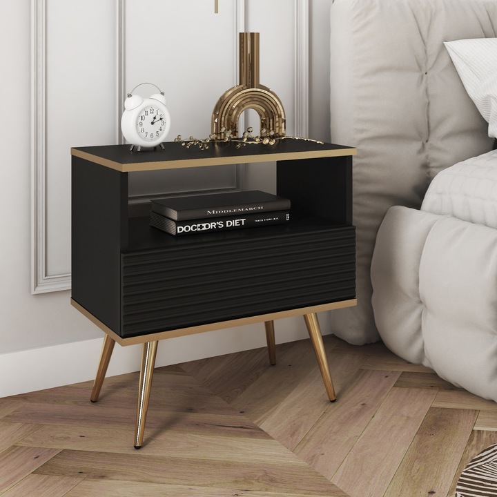 Noptiera Banff, MDF Ryflowate Fronty, Komodee, 59 x 54 x 39 cm, Negru