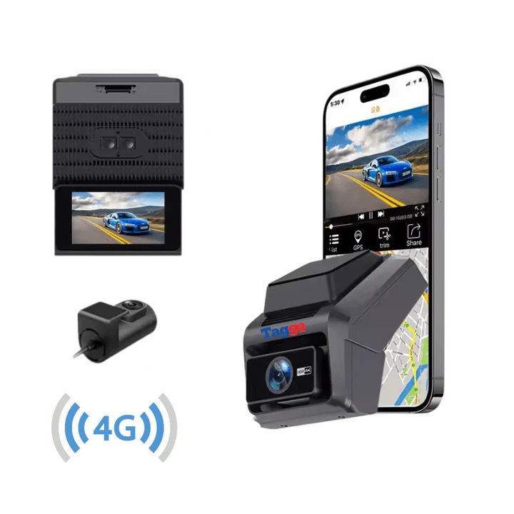 Camera Auto DVR Taggo 2K, Fata+Spate, Conexiune 4G, Functie GPS, Monitorizare Traseu