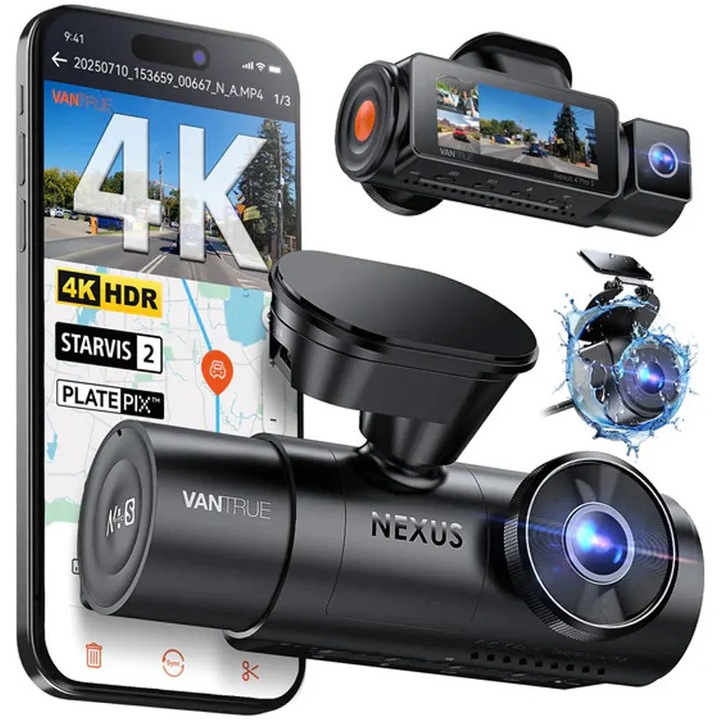 Camera auto Vantrue N4 Pro S cu 3 canale, 4K+1080P+1440P, HDR+Night Vision, protective IP67, GPS, G-sensor si monitorizare parcare