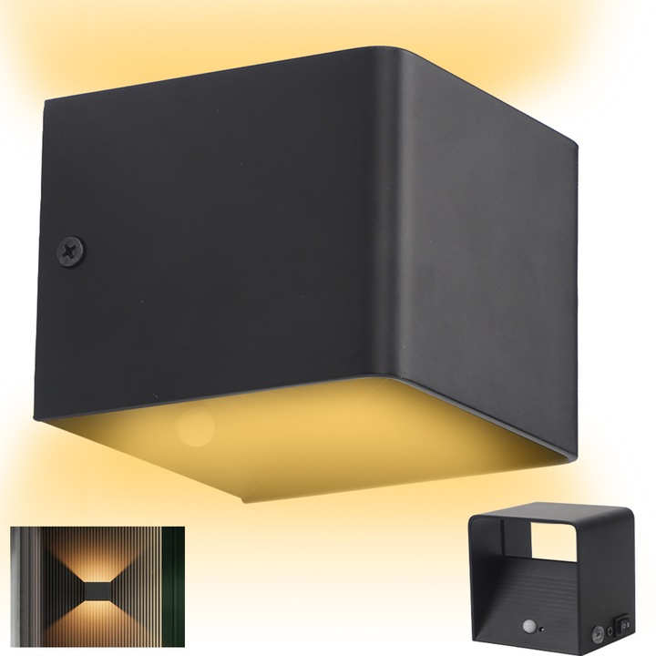 Aplica de perete LED din aluminiu potrivita, Bedee®, 3W, 4000mAh, Design simplu, lumina care detecteaza corpul uman, pentru utilizare in interior si exterior, trei tipuri de moduri de lumina puternica, 10*10*8cm, Negru