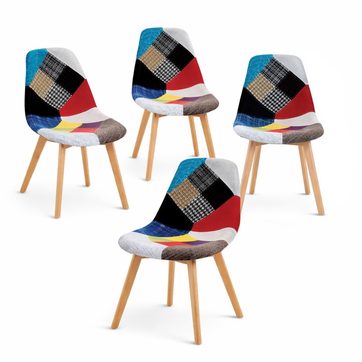 Комплект от 4 Трапезни/Кухненски Стола Kiwari® Juno Patchwork, Седалка от Пяна, Крака от Букова Дървесина, Модерен Дизайн за Трапезария/Всекидневна, Височина на Седалката 46 см, Товароносимост 120 кг, Многоцветен