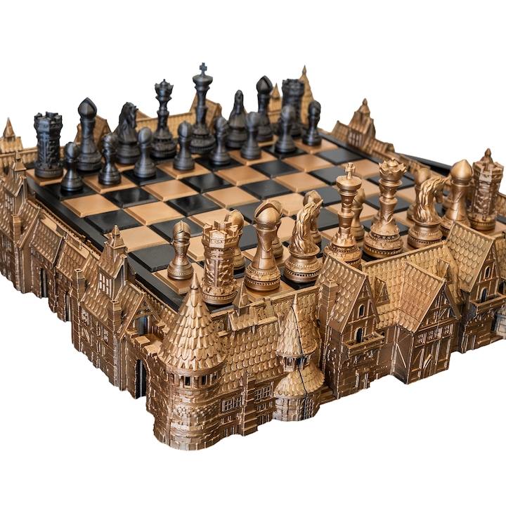 Set de sah Decorativ, Castel Fortareata Medievala, 43 x 43 x 13 cm, Auriu si Negru Zirconiu, Pictat de mana