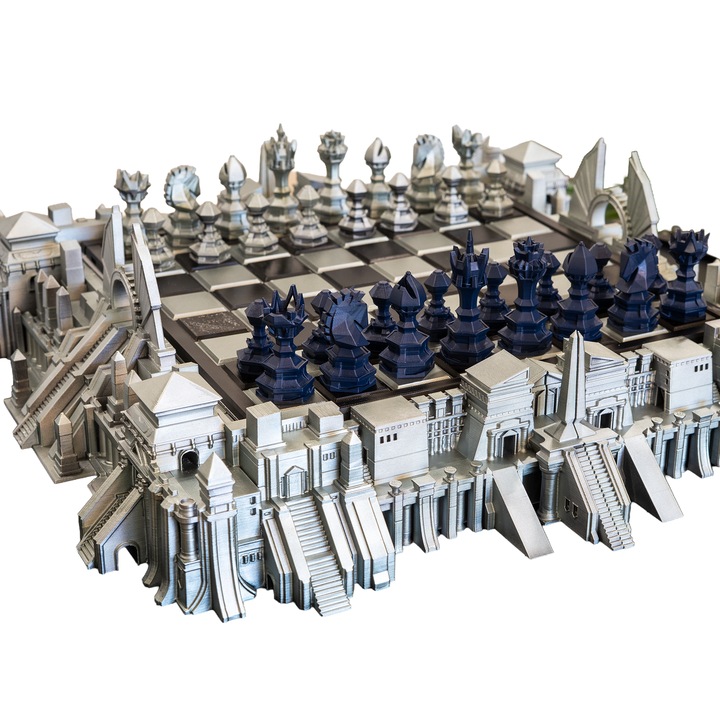 Set de sah Decorativ, Temple of the Gods, 53 x 50 x 15 cm, Argintiu si Albastru, Pictat de mana