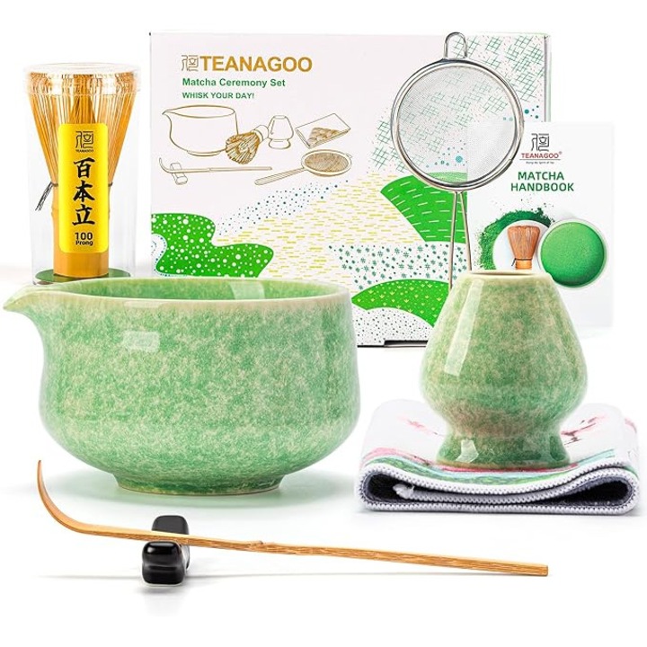 Set TEANAGOO pentru Matcha, 7 piese, bol verde pentru Matcha, tel de bambus, cadou pentru iubitorii de Matcha
