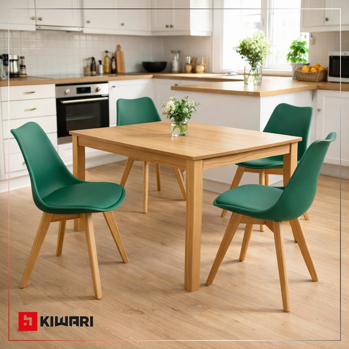 Комплект от 4 стола за всекидневна/кухня/бар Kiwari® Riv, PP седалка с PU възглавница, букови дървени крака, модерен дизайн, височина на седалката 48 см, капацитет 120 кг, зелен