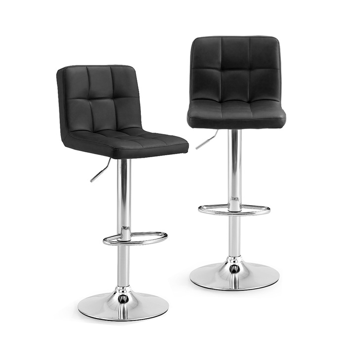 Комплект от 2 броя бар/кухненски столове Kiwari®Lior, регулируеми на височина, PU седалка, пяна и хромирана въртяща се основа, модерен дизайн за кухня/трапезария, капацитет 120 кг, черен