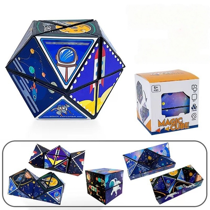 Puzzle 3D Interactiv, Cub Rubik Transformabil, Tema Spatiu Cosmic, Multicolor, 7.5x7x6.5cm