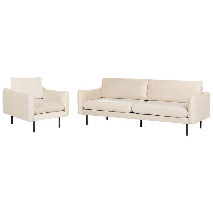 Set living 4 locuri Bej deschis, Canapea 3 locuri din catifea și fotoliu, Beliani