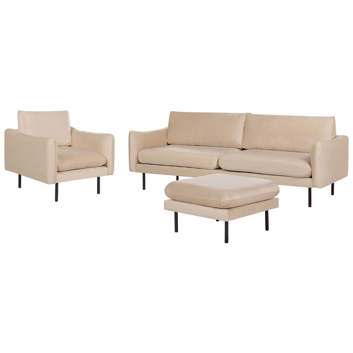 Set canapea și fotoliu cu otoman Beliani, bej, catifea, 5 locuri