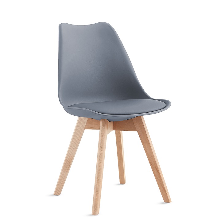 Комплект от 4 Трапезни/Дневни Стола Kiwari® Riv, PP Седалка с PU Възглавница, Крака от Букова Дървесина, Модерен Дизайн, Височина на Седалката 48 см, Капацитет 120 кг, Сив