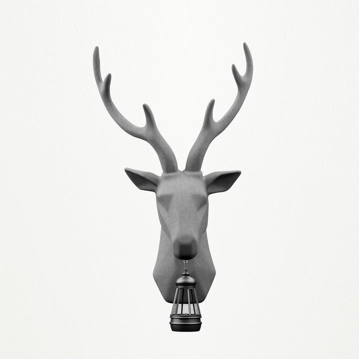 Decor perete cap de cerb cu lumina solara, impermeabil, 47X29cm, sculptura rasina, pentru interior si exterior, gri