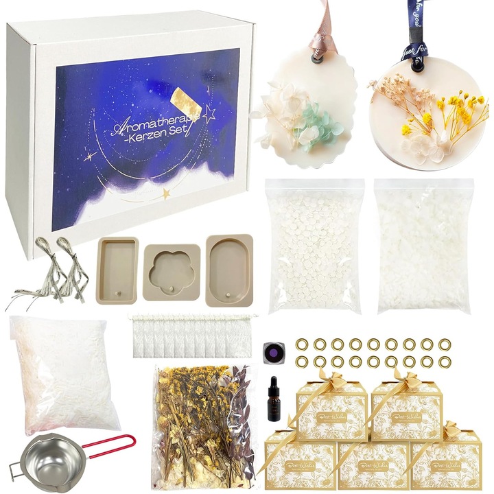 Set creativ ceara parfumata AIFIZO – kit cu 3 forme, flori uscate si ulei esential, cadou aromat pentru casa