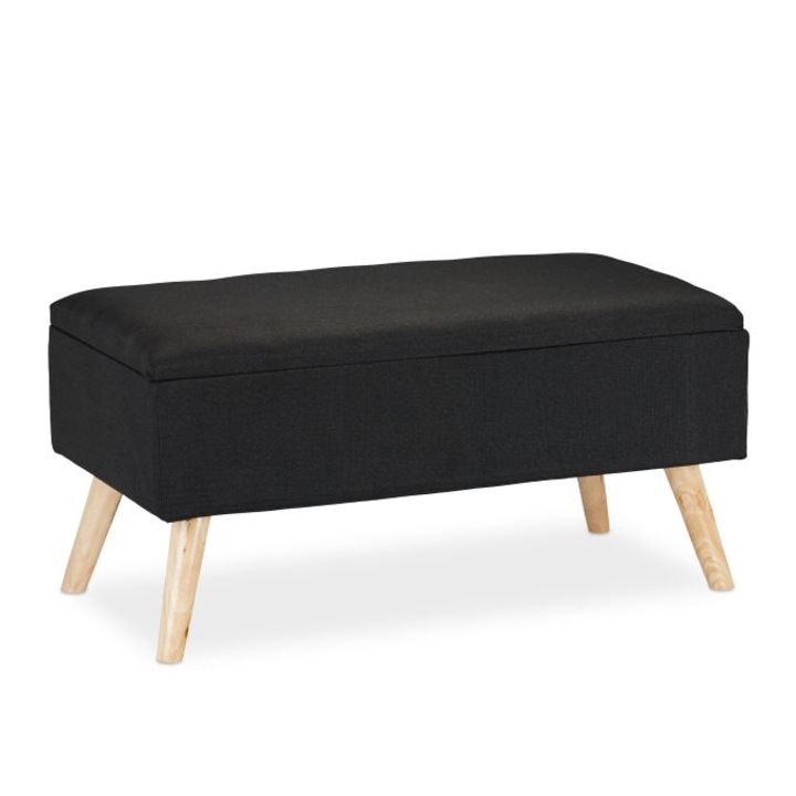 Banca cu spatiu de depozitare Relaxdays, 80 x 40 x 40 cm, picioare din lemn, hol/dormitor, Negru