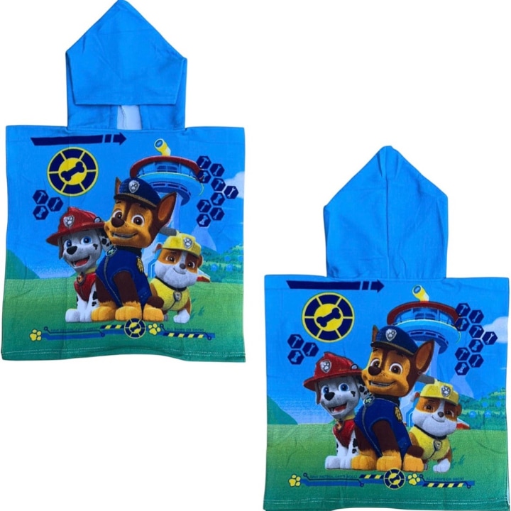 Плажна кърпа за деца, пончо с качулка, Модел Патрул, памук, червено/синьо, 100x50см