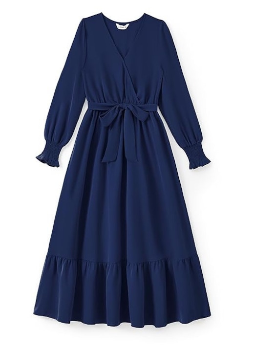 Rochie Eleganta – Model cu Maneci Lungi, Volane Decorative si Decfqewgolteu in V, Confort Premium & Stil pentru Orice Ocazie, Bleumarin, Bleumarin