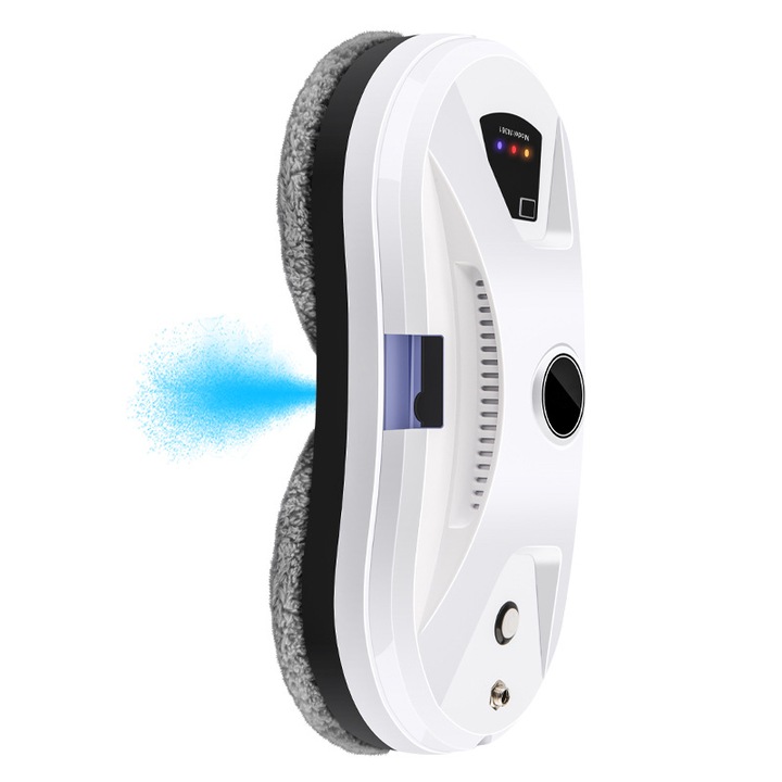 Интелигентен робот за почистване на прозорци с функция за пръскане, двойни въртящи се мопове, дистанционно управление, AI сензори, 5-слойна микрофибърна кърпа, всмукателна мощност 5600 Pa, резервоар за вода 35 ml, 290*144*93 мм, бял