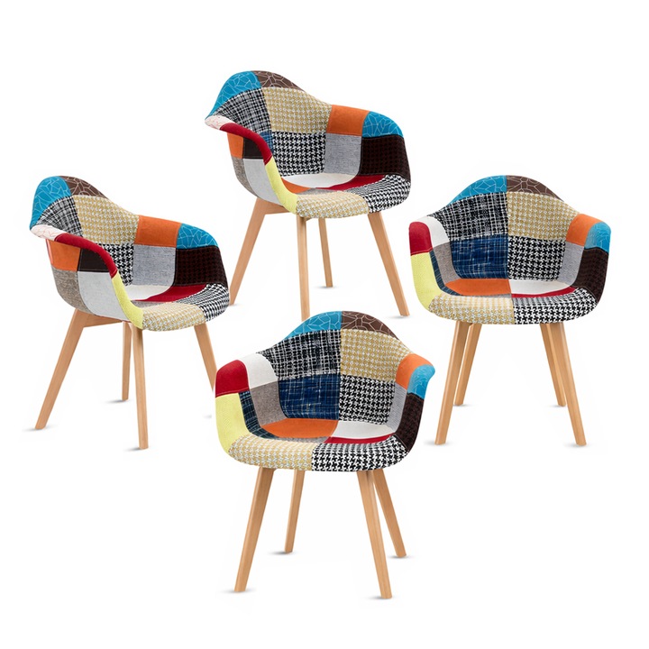 Set 4 Scaune Kiwari Milo Patchwork, Sezut Spuma, Picioare Lemn Fag, Multicolor, 62x46cm