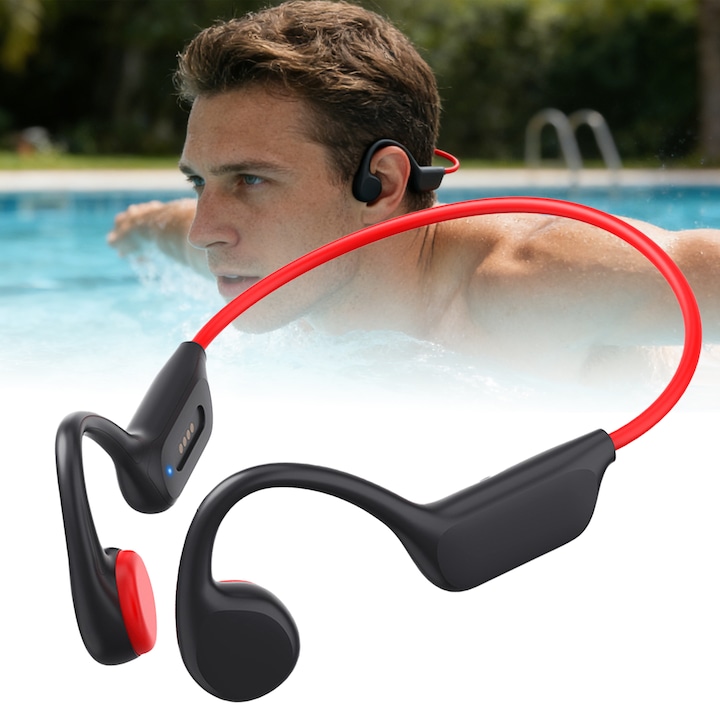 Casti Wireless, SDLOGAL, Casti Inot si Sport, cu Conductie Osoasa, Bluetooth 5.4, MP3 cu 32GB incorporati, IPX8, HIFI, Banda pentru Gat, Pentru alergare, fitness, ciclism, Negru/Rosu