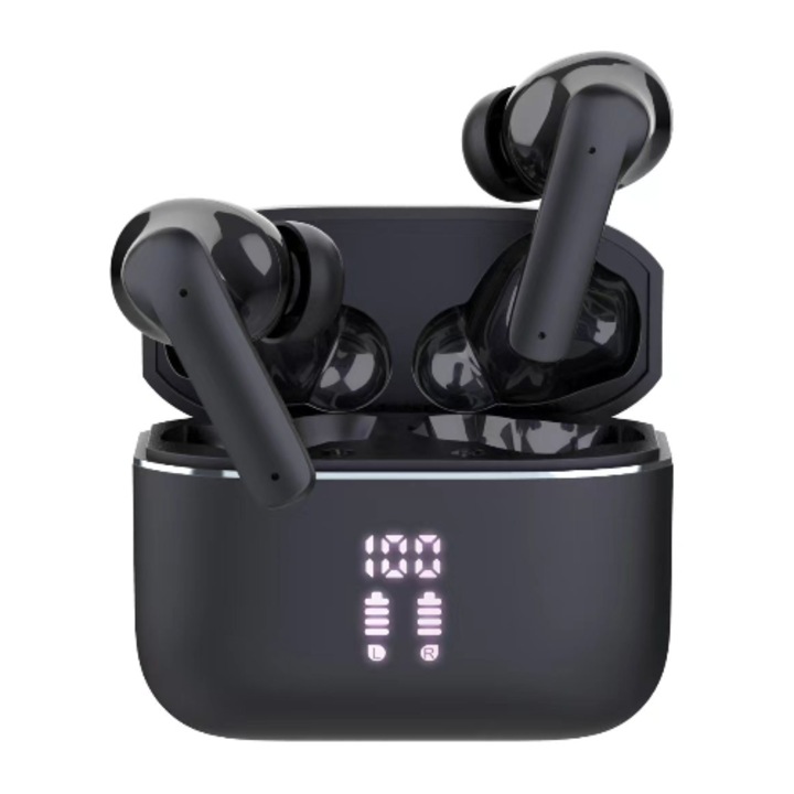 Casti wireless, In-ear TWS cu izolare zgomot, Bluetooth 5.3, Afisaj digital HD, Autonomie peste 8 ore, Microfon cu reducere zgomot, Control touch, Latenta redusa, IPX5, Sport, Universale, Negru