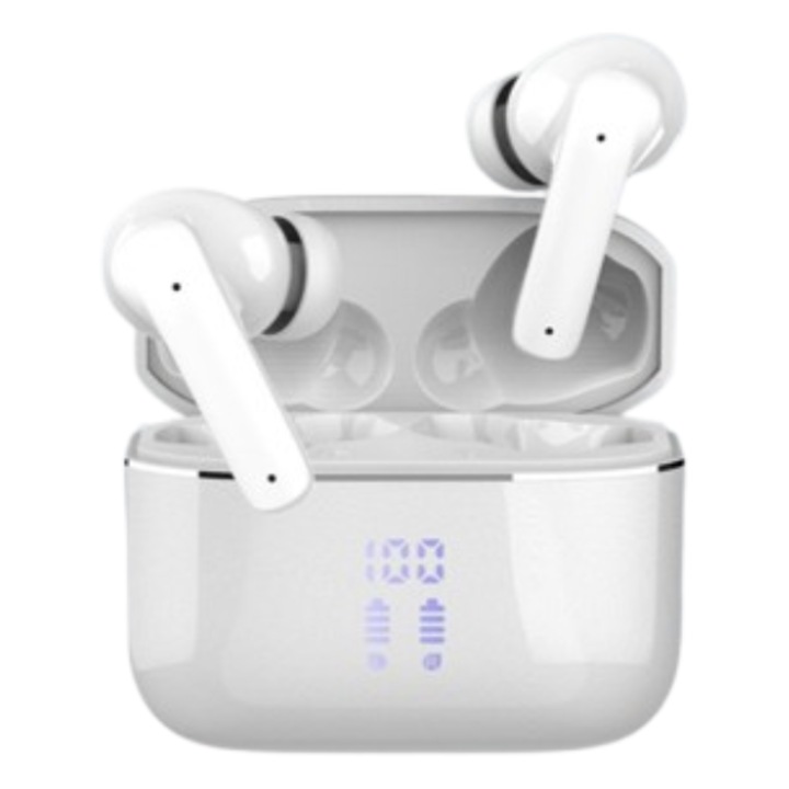 Casti wireless, In-ear TWS cu izolare zgomot, Bluetooth 5.3, Afisaj digital HD, Autonomie peste 8 ore, Microfon cu reducere zgomot, Control touch, Latenta redusa, IPX5, Sport, Universale, Alb-Argintiu