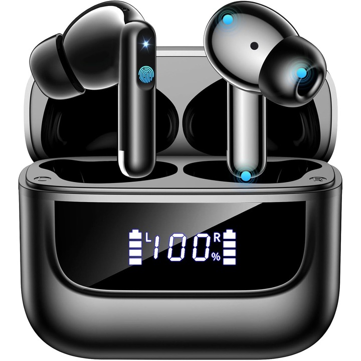 Vezeték nélküli Bluetooth fülhallgató, digitális kijelzővel, ENC hívászajcsökkentéssel, audio, vezeték nélküli, in-ear, Bluetooth 5.4, HD mikrofon, sport, univerzális, fekete