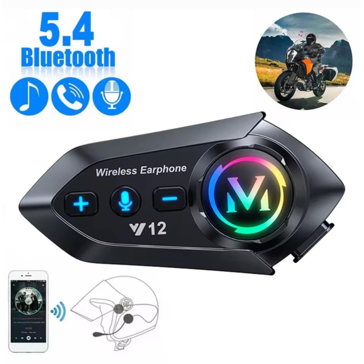 Casca Bluetooth Moto CerCip Y12, Pentru Motocicleta, Autonomie 13 ore, Anulare Zgomot, Rezistenta la apa, Sunet Hi-Fi, Bluetooth 5.4, Asistent Vocal, Iluminare LED RGB, Utilizare cu manusi, Raspuns automat, Pentru un singur rider