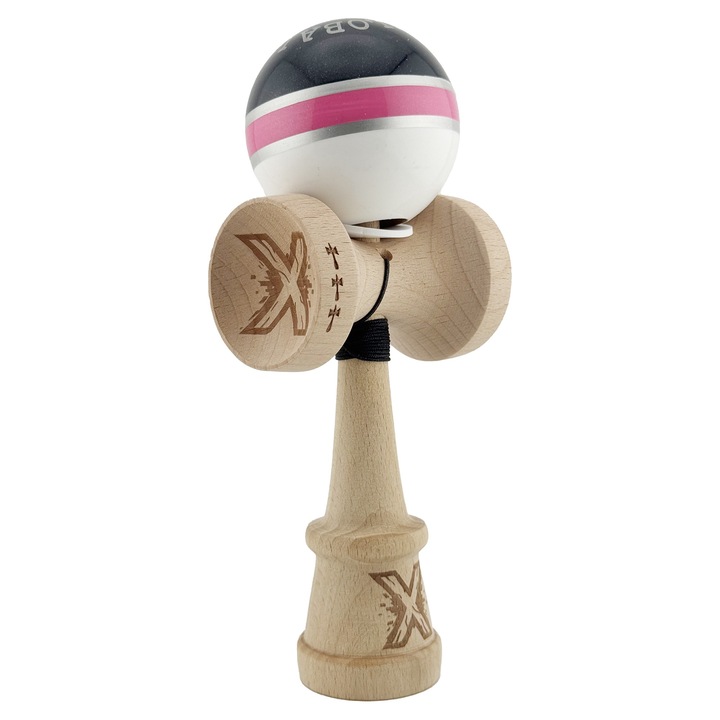 Kendama SUPER STYKY, Originala ROYAL SPIKE, Big cup V3, Lemn, 18 cm, Rulment Metalic cu Ata 55 cm, Cupe Mari, Rulment, Balace Hole, dunga Roz