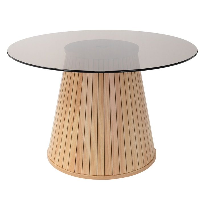 Кръгла масичка за кафе ML-Design със стъклен плот 80 x 80 x 50 см, в кафяв цвят с дървесен вид, маса с място за съхранение, елегантен модерен стил, помощна мебел за всекидневна