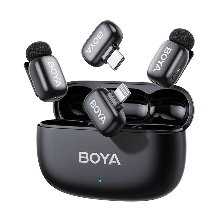Microfon wireless BOYA mini 2 cu 2 microfoane, AI noise cancellation, 48 kHz, 5g, cutie de incarcare