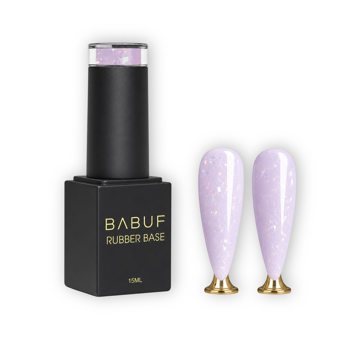 Baza rubber paietata BABUF, Lila Elixir, violet pastel cu particule holografice, autonivelanta, RBPA2, 15ml