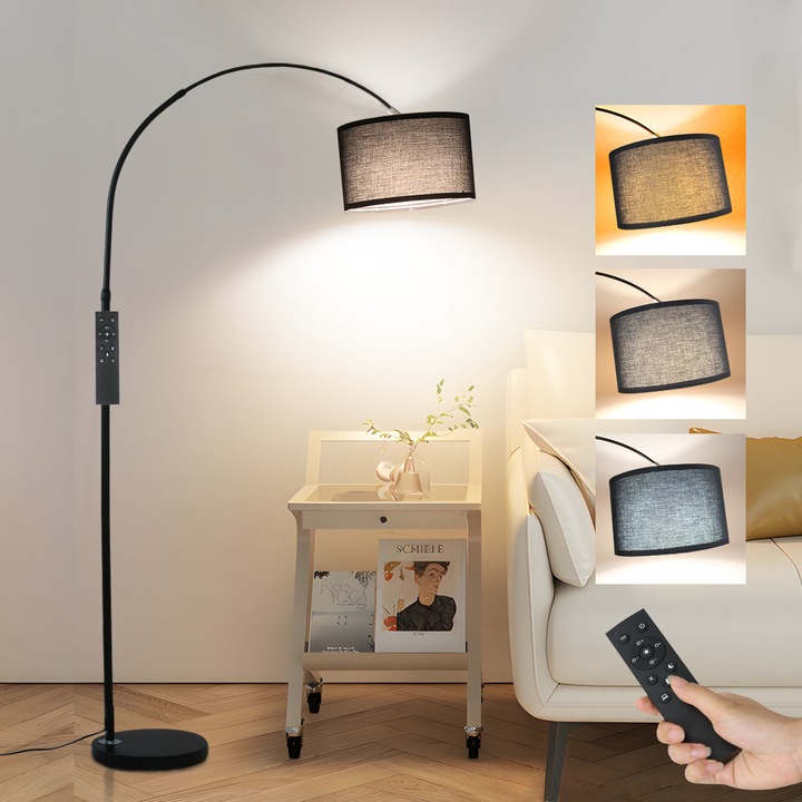 Lampa de podea pentru sufragerie cu telecomanda, intensitate reglabila 2700K-6500K, include bec LED de 9W. Abajur din tesatura φ33 cm. Comutator cu picior. Picior negru + abajur negru