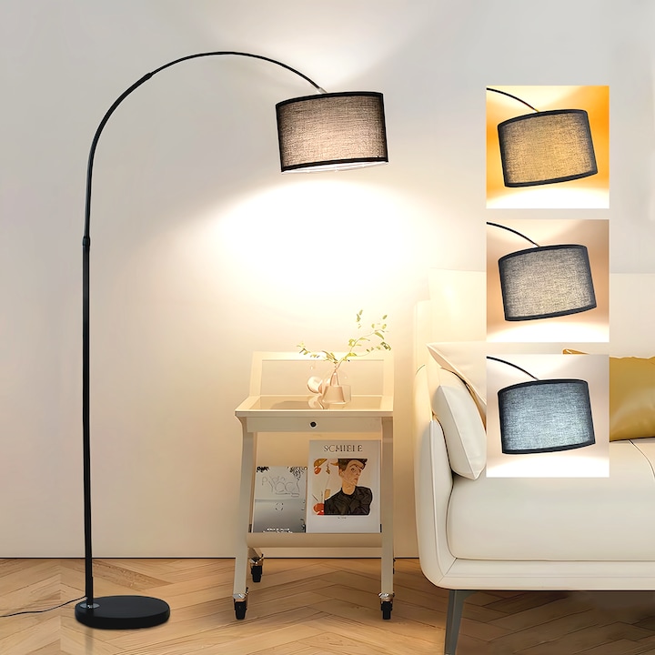 Lampa de podea, Wacorresi®, tesatura Lampa de podea, cu 3 temperaturi de culoare, lampa de podea retro pentru living, dormitor, curba, Negru