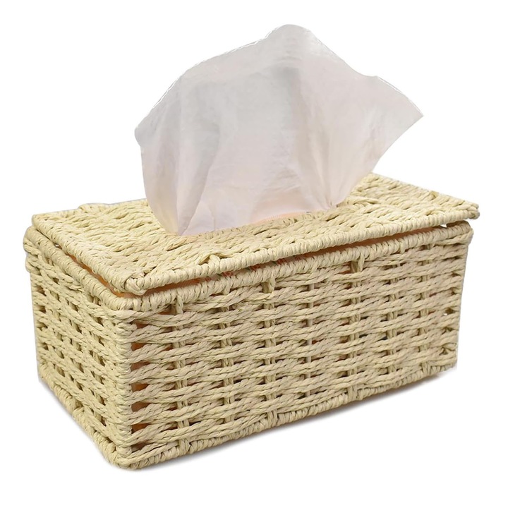 Cutie suport servetele din rachita, AFKSMILE, cu capac, ecologica, bej, 22x12x9cm