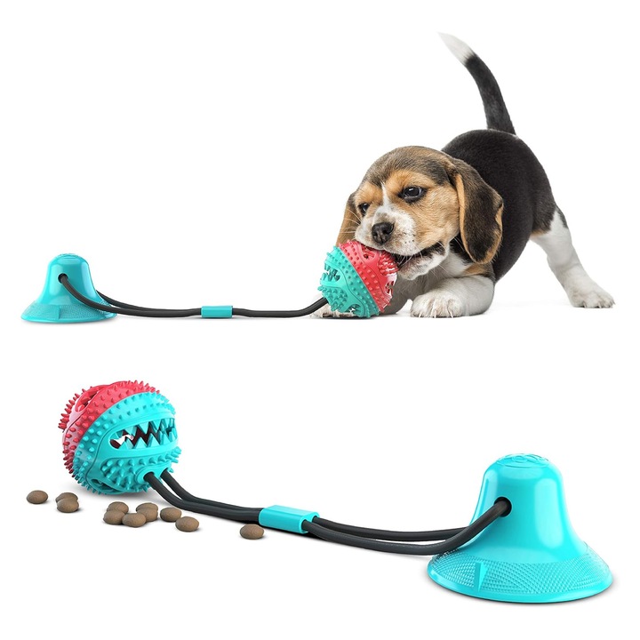 Interaktív játék kutyáknak, asskanaer, Interaktív labda, Hosszú zsinóros tapadókorong és gumilabda, Szájápolás, Fogcsikorgatás, Biztonságos és tartós anyag, Fogtisztítás, Szorongás enyhítése, TPR, 43cm, Piros és kék