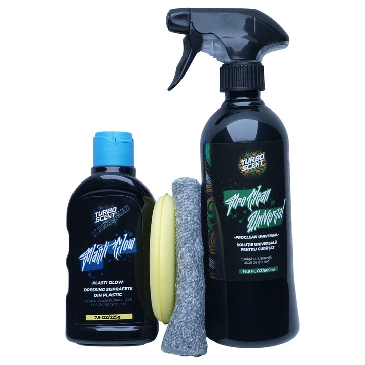 Autókozmetikai készlet, univerzális tisztítóoldat, műanyag ápoló, 1x mikroszálas kendő, 1x applikátor pad