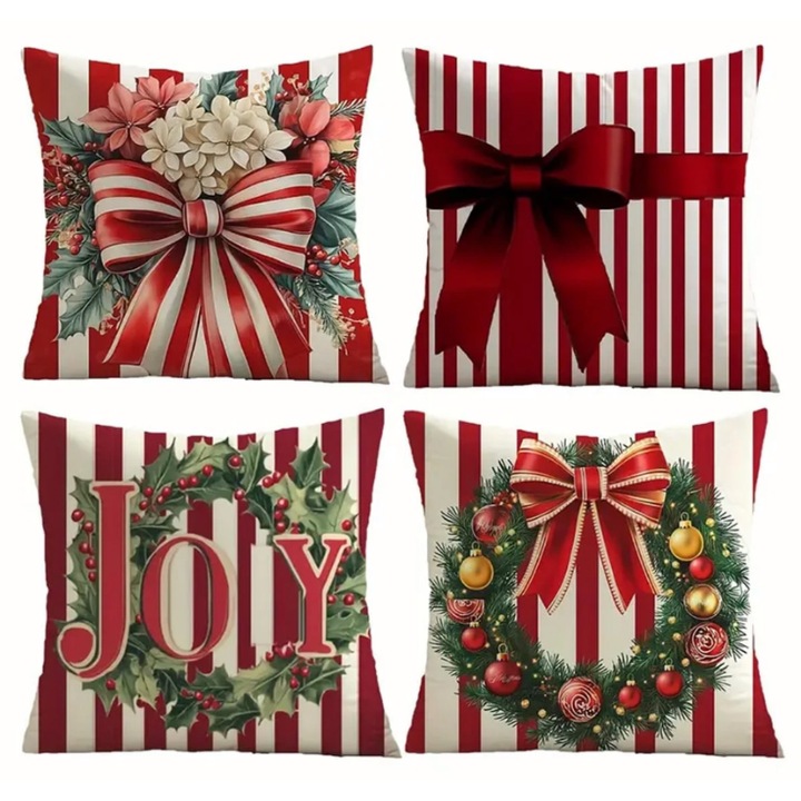 Set 4 fete de perna decorative cu model de Craciun, Alb Rosu si Verde, cu fundite, coronite de Craciun, si mesaj Joy (Bucurie), cu fermoar, 45x45 cm