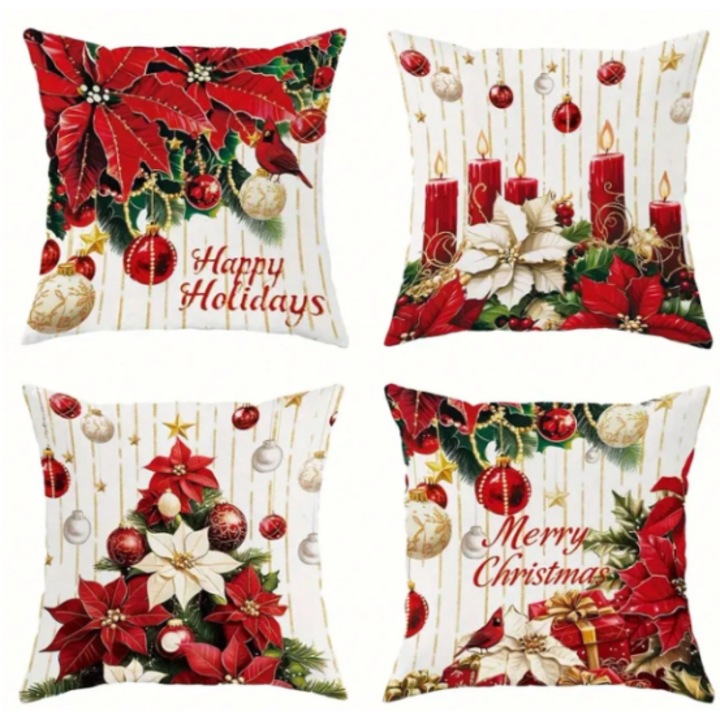 Set 4 fete de perna decorative cu Model de Craciun Alb si rosu, cu decor Craciunite, Lumanari si Globulete, si mesaj Merry Christmas cu fermoar, 45x45 cm