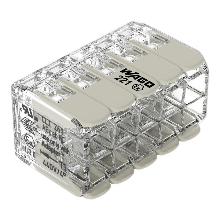 Conector de imbinare cu parghiiWAGO 221-490 pentru toate tipurile de conductori, pentru aplicatii Ex e, max. 4 mm², 10 conductori 1 BUC
