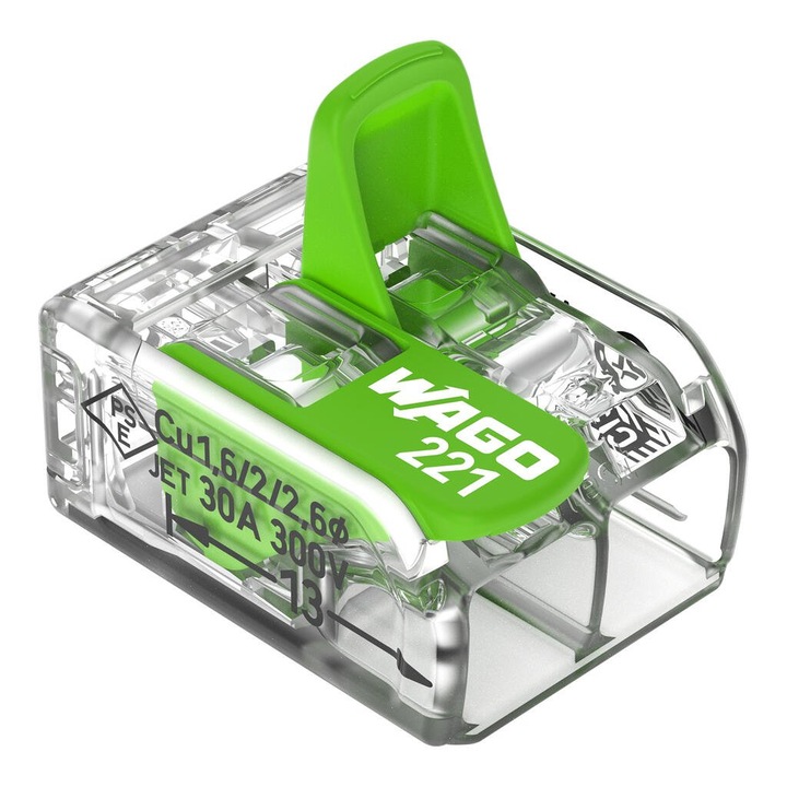Conector de imbinare cu parghii WAGO 221-622 pentru toate tipurile de conductori, max. 6 mm², 2 conductori, carcasa transparenta