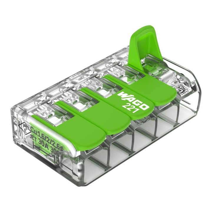 Conector de imbinare cu parghii WAGO 221-625 pentru toate tipurile de conductori, max. 6 mm², 5 conductori, carcasa transparenta 1 BUC