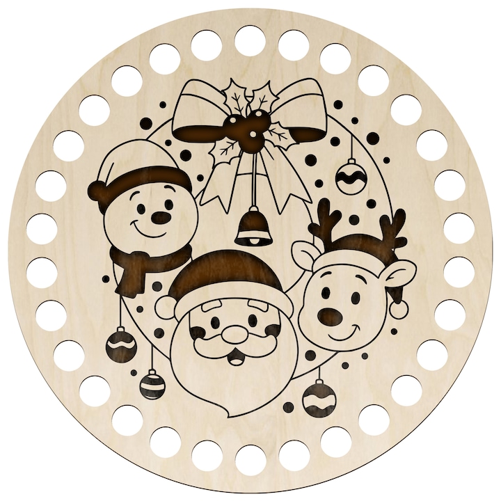 Kerek horgolóalap, SMX Design, 15 cm, nyír rétegelt lemezből, ünnepi minta, 27 lyuk