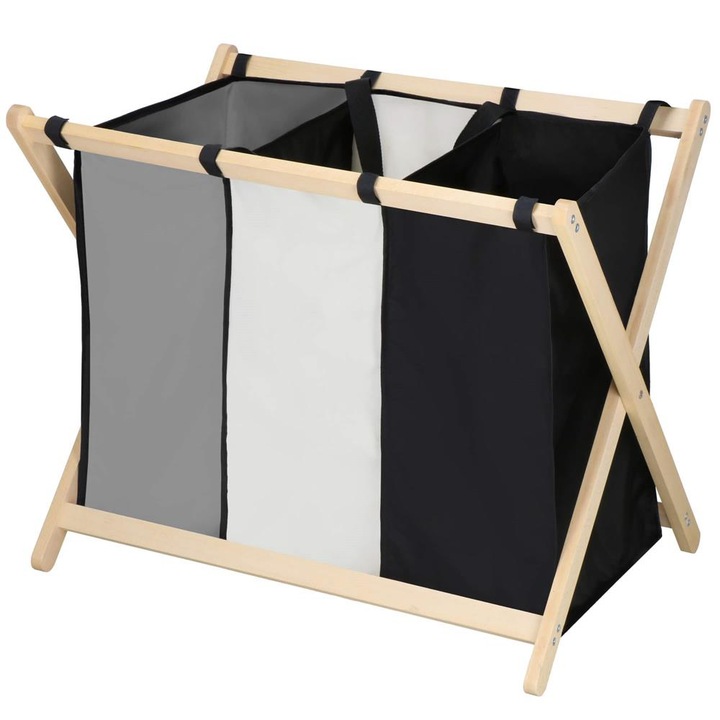 Szennyestartó kosár 3 rekesszel, fakeret, 105 liter, 67x42x57 cm, rendszerező, fehér