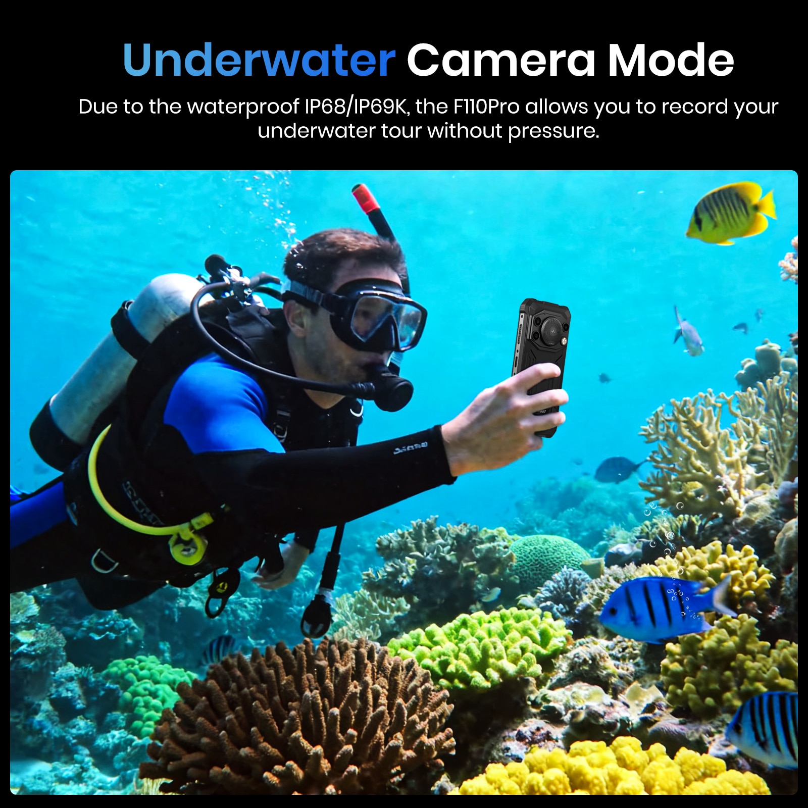 Telefon mobil FOSSiBOT F110 Pro, 6.745-inch, Baterie 10000mAh, 5G, Android 15, 50MP+8MP, Dual SIM, Face ID/GPS, NFC, 20GB RAM(8GB+12GB extensibil RAM)+128GB ROM, Rezistent la praf/Impermeabil/Rezistent la caderi, Pentru camping, calatorii, Negru