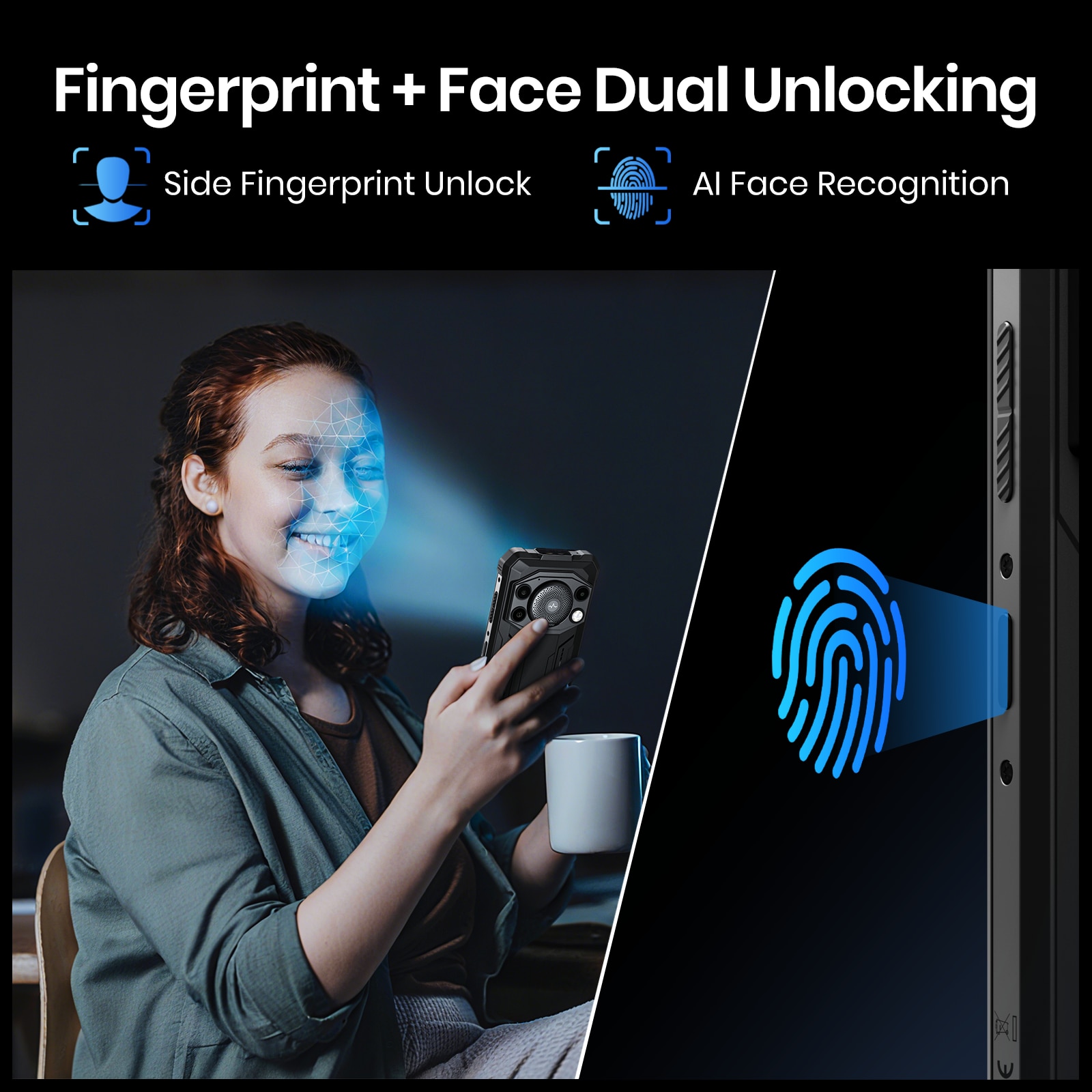 Telefon mobil FOSSiBOT F110 Pro, 6.745-inch, Baterie 10000mAh, 5G, Android 15, 50MP+8MP, Dual SIM, Face ID/GPS, NFC, 20GB RAM(8GB+12GB extensibil RAM)+128GB ROM, Rezistent la praf/Impermeabil/Rezistent la caderi, Pentru camping, calatorii, Negru