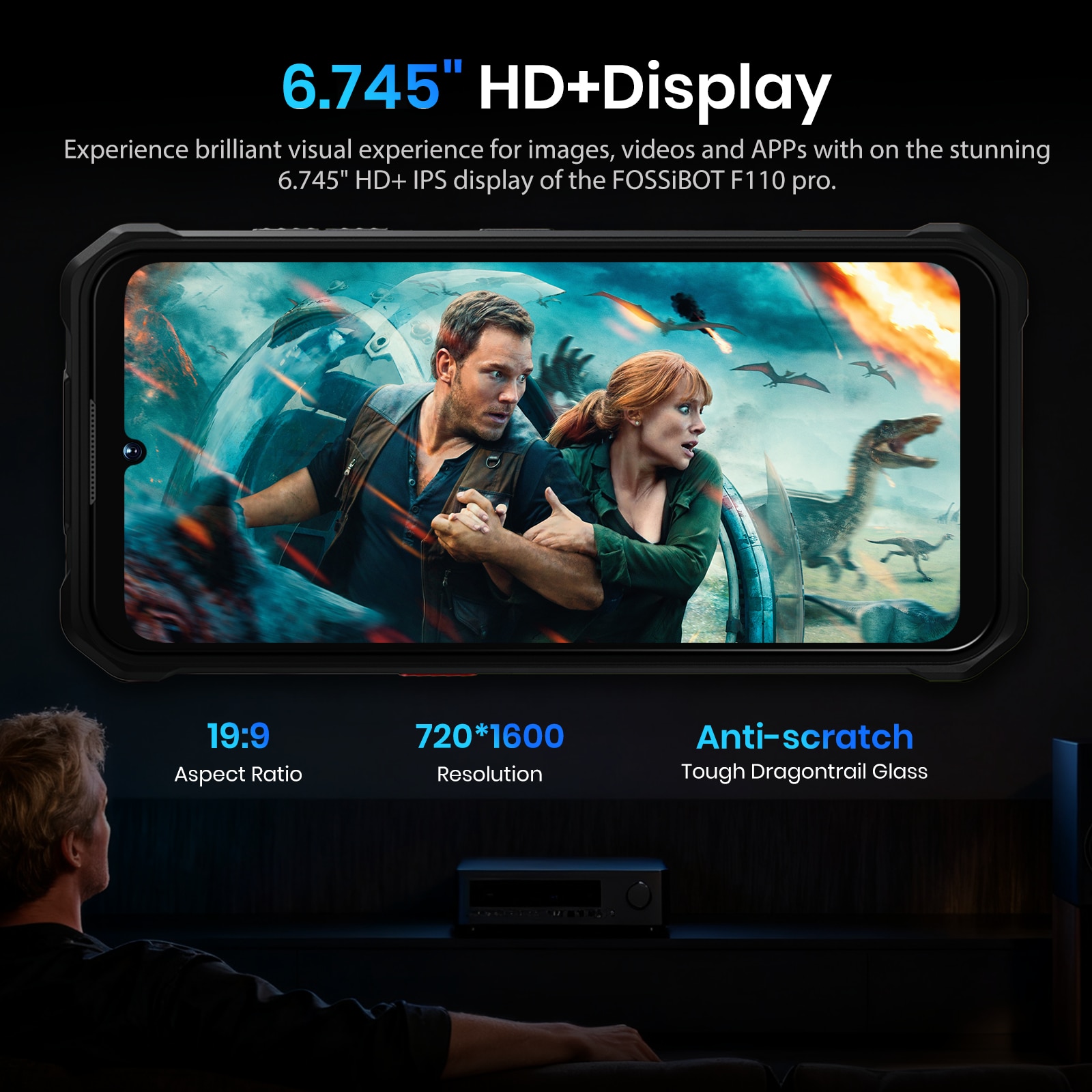 Telefon mobil FOSSiBOT F110 Pro, 6.745-inch, Baterie 10000mAh, 5G, Android 15, 50MP+8MP, Dual SIM, Face ID/GPS, NFC, 20GB RAM(8GB+12GB extensibil RAM)+128GB ROM, Rezistent la praf/Impermeabil/Rezistent la caderi, Pentru camping, calatorii, Negru