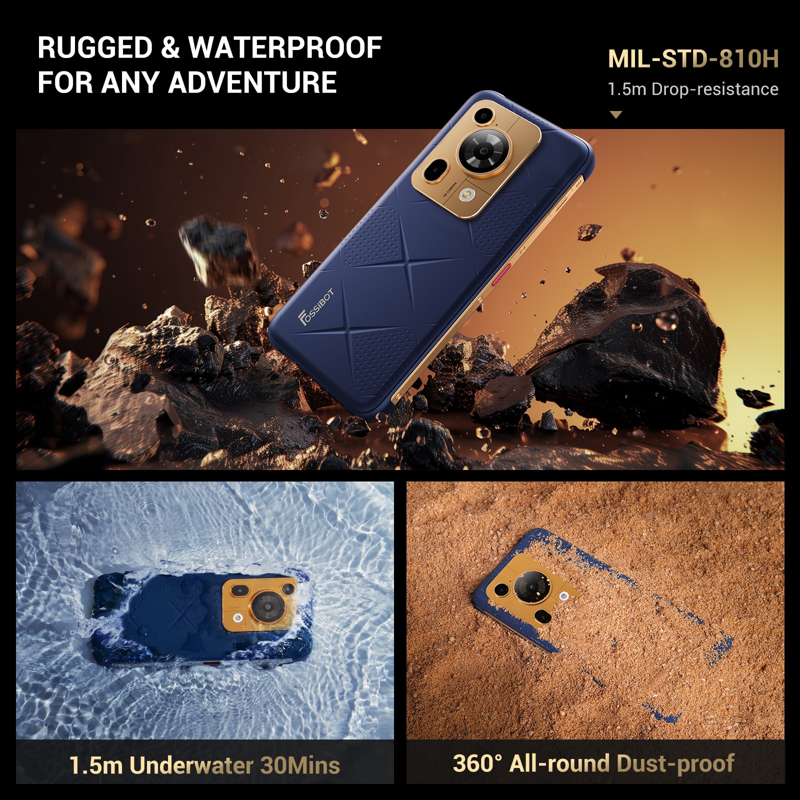 Telefon mobil FOSSiBOT F112 Pro, 6.88-inch, Baterie 7150mAh, 5G, Android 14, 50MP+16MP, Dual SIM, Face ID/GPS, NFC, 8GB RAM+256GB ROM(1TB extensibil ROM), Pentru camping, calatorii, Negru