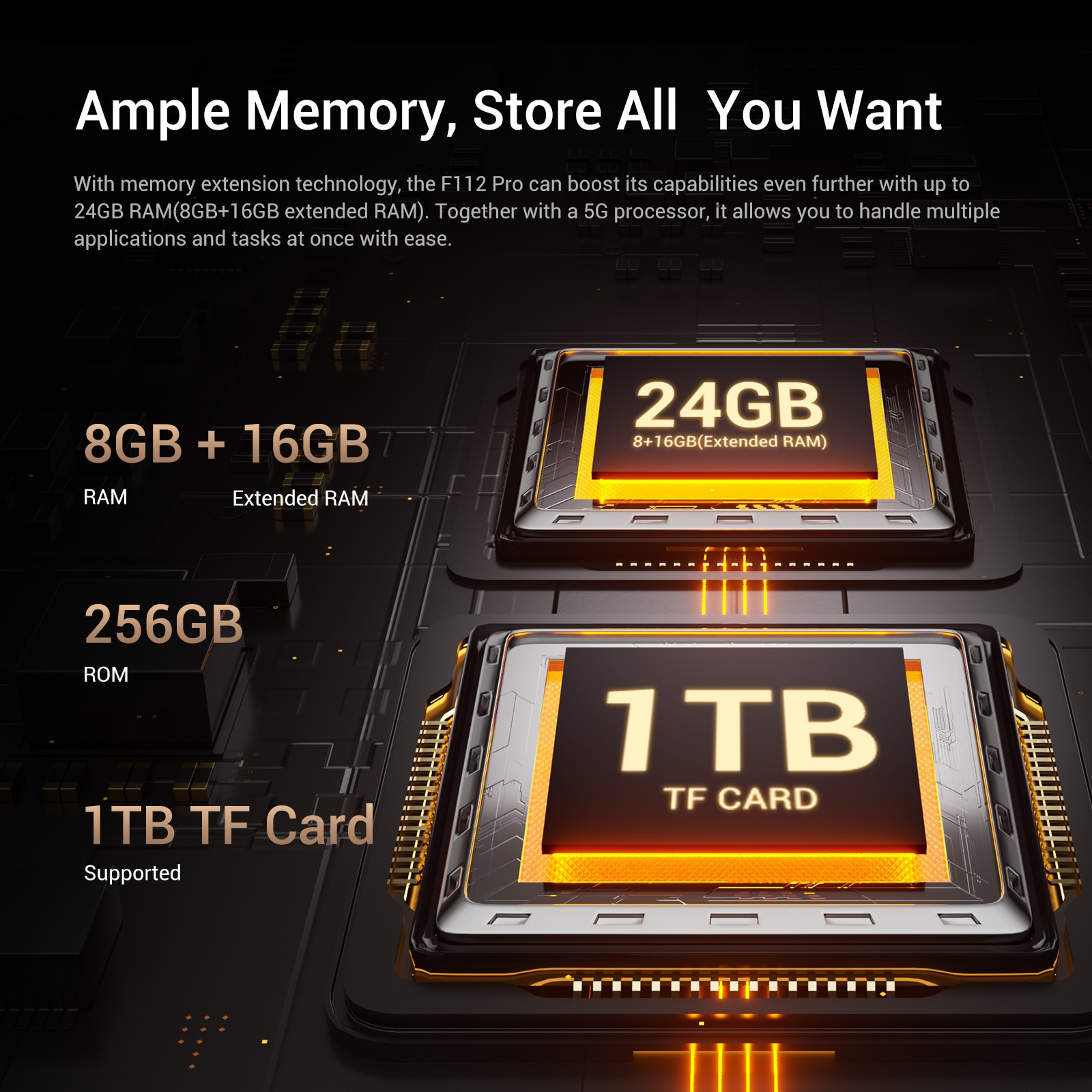 Telefon mobil FOSSiBOT F112 Pro, 6.88-inch, Baterie 7150mAh, 5G, Android 14, 50MP+16MP, Dual SIM, Face ID/GPS, NFC, 8GB RAM+256GB ROM(1TB extensibil ROM), Pentru camping, calatorii, Negru